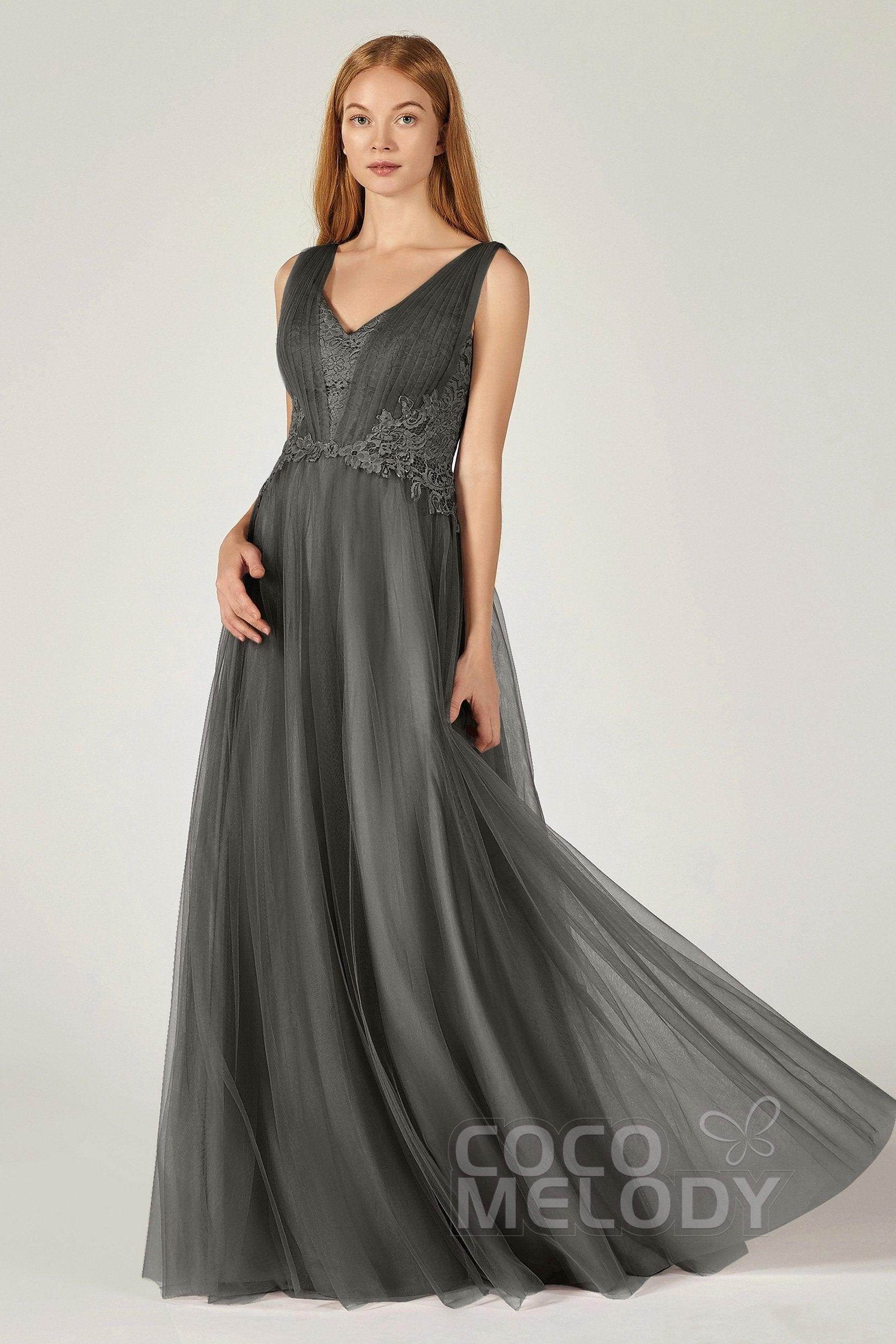 A-Line Floor Length Tulle/Lace Bridesmaid Dress CB0381 - COCOMELODY